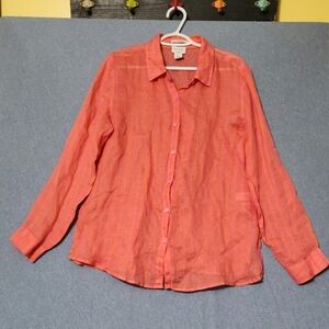 Nicole Miller New York 100% linen striped long sleeved button down shirt. Size L